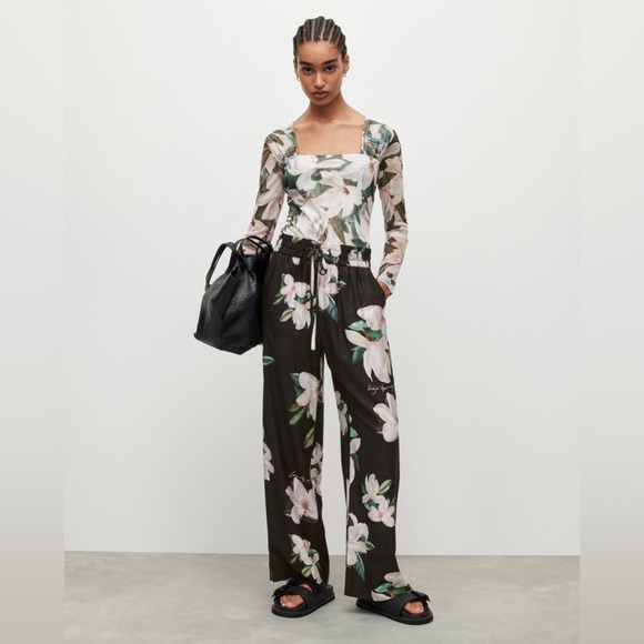 NWOT Allsaints Silk Floral Flow Tie Pants Straight Leg Wide Silhouette Trousers - Picture 5 of 5